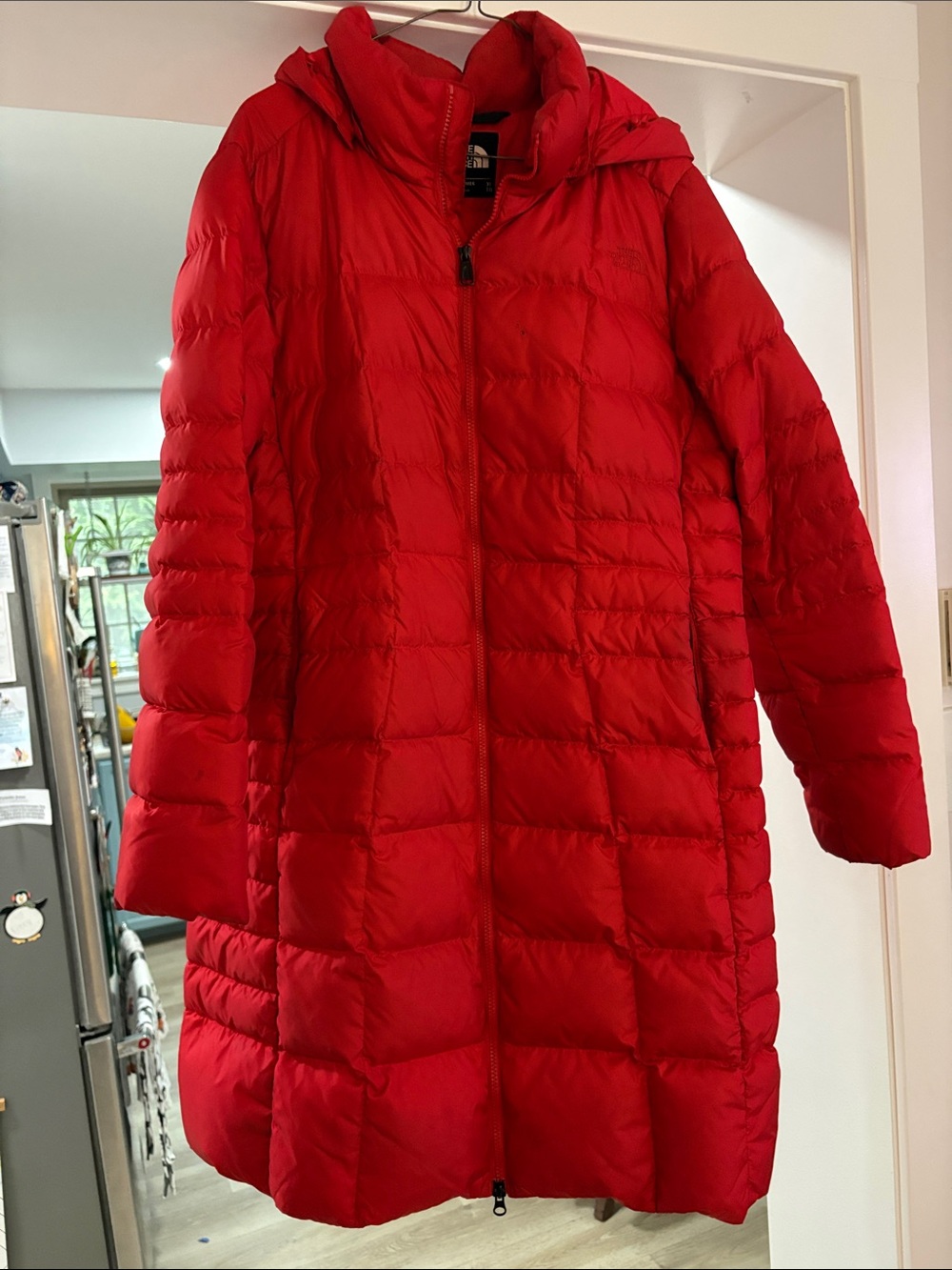 The North Face Women's Red Long Quilted Puffer Coat with Hood